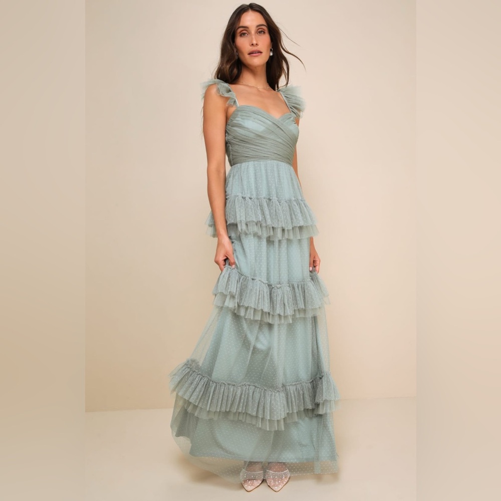 Lulu's Layered Ruffle Maxi Dress in Sage Green